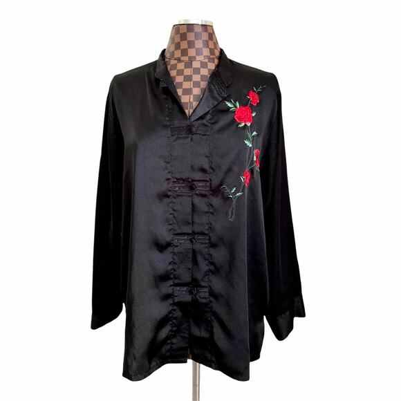 Vtg Black Satin Inner Most Nightgown Large Tunic Blouse Top Robe Lingerie Kimono - Picture 2 of 9